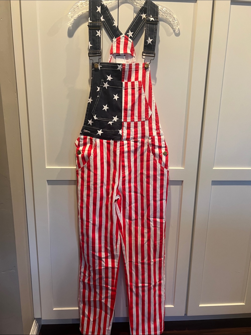 NWT American Flag Patriotic Overalls Size Small Fourth of July USA Stars Stripes